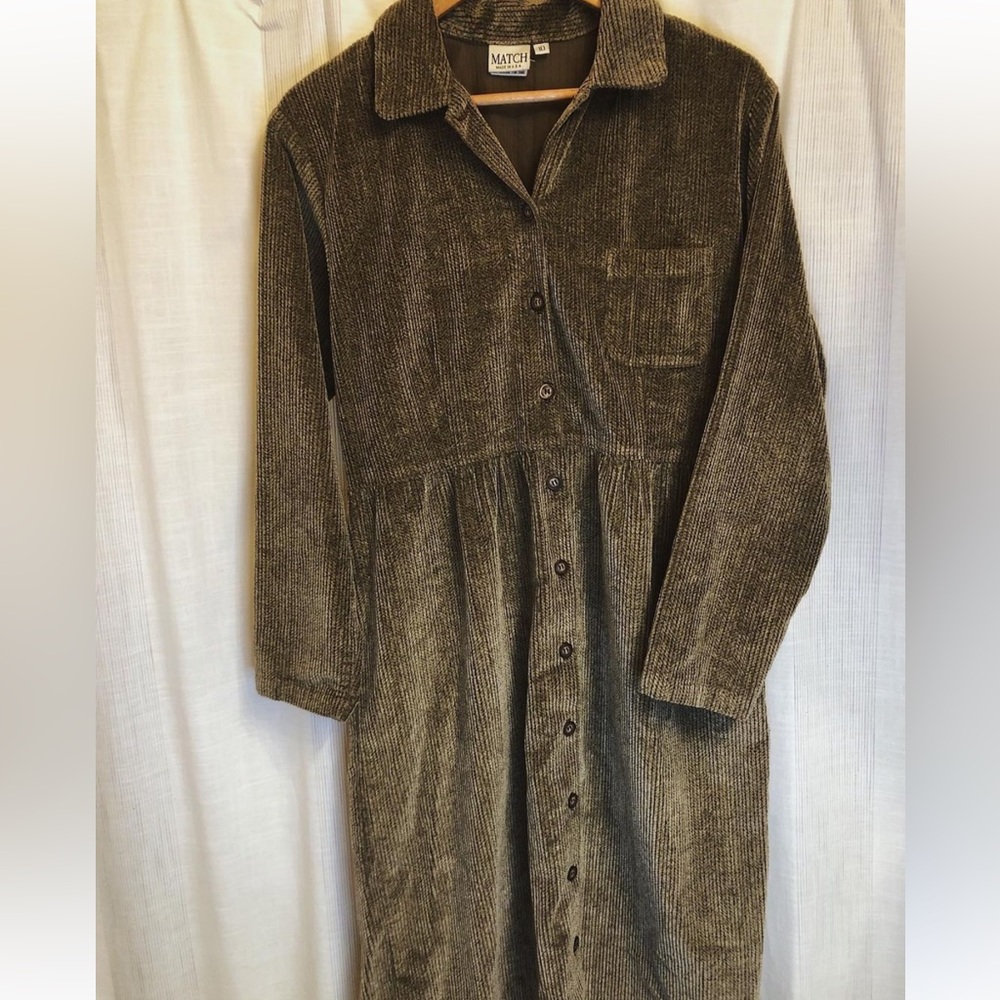 MATCH Vintage Green Corduroy Button-Down Dress Women’s Casual Retro Shirt Dress